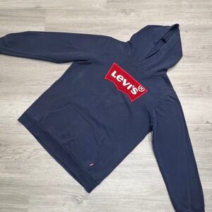 Vintage Levi's  Big Logo Hoodie Navy Blue Pullover Sweatshirt Size XL
